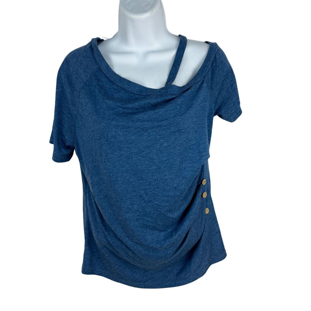 Blue Drape Front Women’s Top Size S Polyester Asymmetrical Off Shoulder Detail